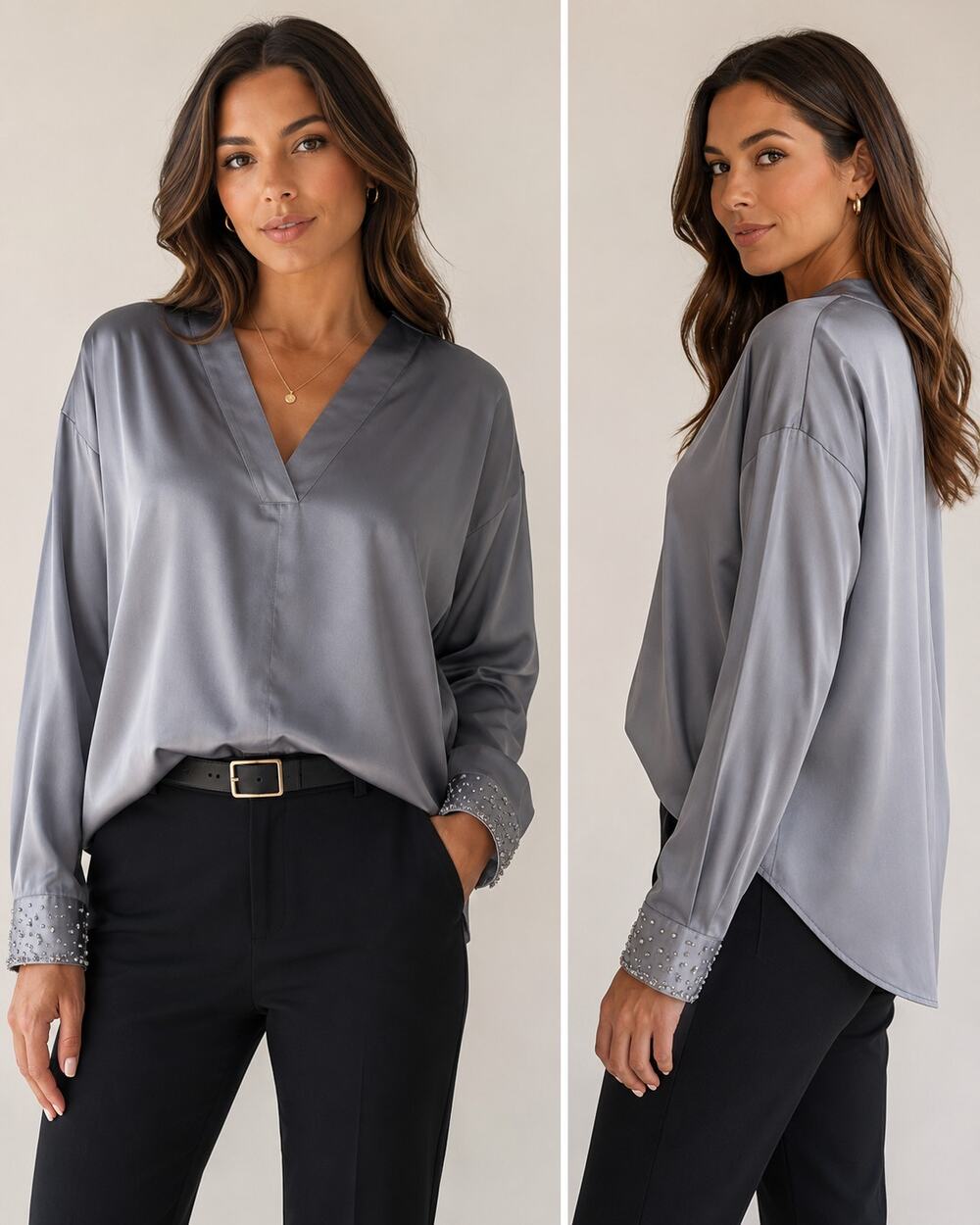 Lyssé New York Gray Silver Satin V-Neck Beaded Cuff Size XL Work Party Blouse